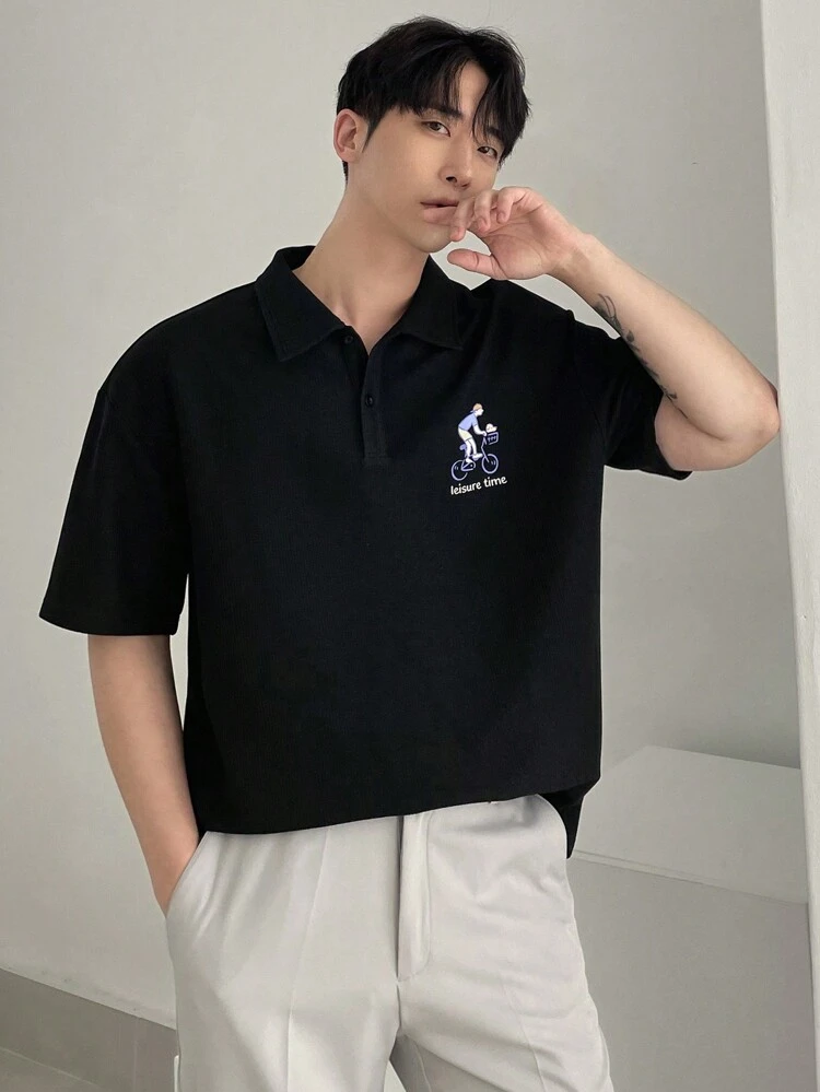 Men's Black Polo Shirt With People & Letter Print, Summer