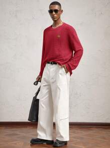 AKNOTIC Business Casual Men's Relaxed Fit Crewneck Drop Shoulder Long Sleeve Casual T-Shirt, Suitable For Autumn/Winter, Everyday Wear, Letter Graphic With Flocking, Green Contrast - Red - View 5