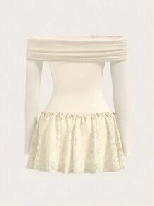 Sweetina 1 件 Y2k 露肩透明网眼蕾丝拼布休闲情人节连衣裙，简约时尚，适合日常穿着