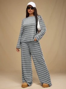 Forever 21 Plus Size Winter Losse Gestreepte Afslankende Casual Veelzijdige Comfortabele Brei Wijde Pijpen Nieuwjaar Uitgaan Broek