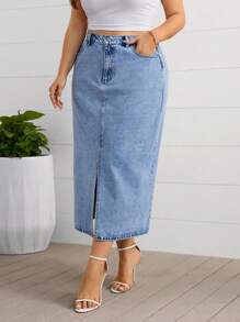 Firerie Plus Size Front Button Pocket Slit Minimal Casual Denim Mini Skirt - Light Wash - View 6