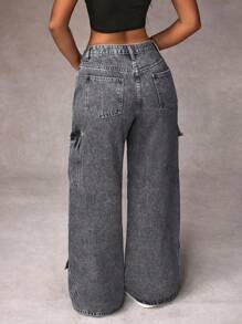 SHEIN ICON Jeans casuales de mujer con bolsillo delantero con botones sencillos, ropa de tiempo libre diaria