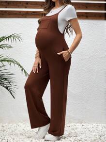 SHEIN Casual Brown Sleeveless Pocket Maternity Wide Leg Jumpsuit