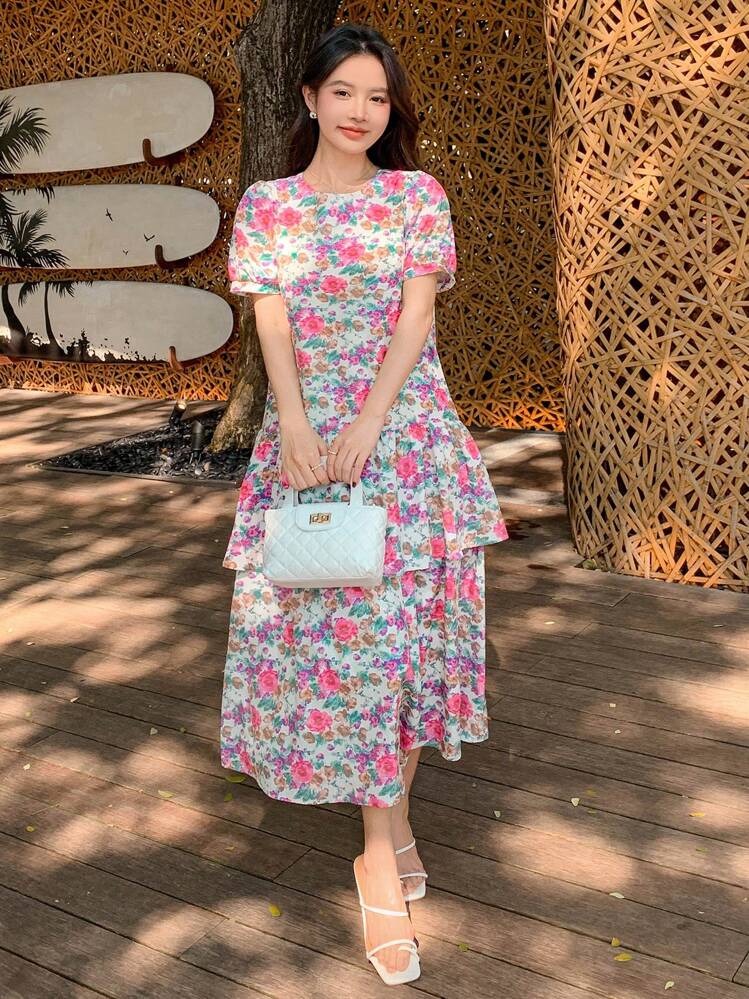 Vestido largo de verano con cuello redondo y manga corta, con estampado floral todo sobre fondo minimalista, para vacaciones de las mujeres, vestido maxi de Pascua - Multicolor - Añade 5