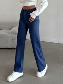 EURMUSE 100%Cotton HIGH RISE BEIGE WIDE LEG PETITE SIZE JEAN - Dark Wash - View 4