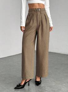 SHEIN PETITE Pasek dwuwarstwowy w kratę, szerokie nogawki, spodnie w stylu retro old money - Brązowy - Zobacz 7