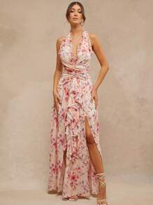 L'Amorae 女士服装，女士优雅浪漫白粉花卉印花露背无袖长裙，前片褶饰，简约时尚日常休闲，女士连衣裙，夏季女士连衣裙，白色女士连衣裙，优雅女士连衣裙，长裙，正式女士连衣裙，夏季女士服装，婚纱，情人节连衣裙，粉色女士连衣裙。适合约会之夜，演出 - 彩色 - 查看 4