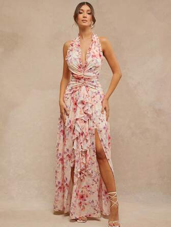L'Amorae Women Clothes, Women's Elegant Romantic White And Pink Floral Print Halter Neck Backless Maxi Dress Sleeveless With Front Ruch And Ruffles Simple Fashionable Daily Casual, Women Dresses, Summer Women Dresses, White Women Dresses, Elegant Women Dresses, Long Dress, Formal Women Dresses, Summer Women Outfit,Wedding Dress, Valentine's Day Dress, Pink Women Dresses. For Date Night, Performances