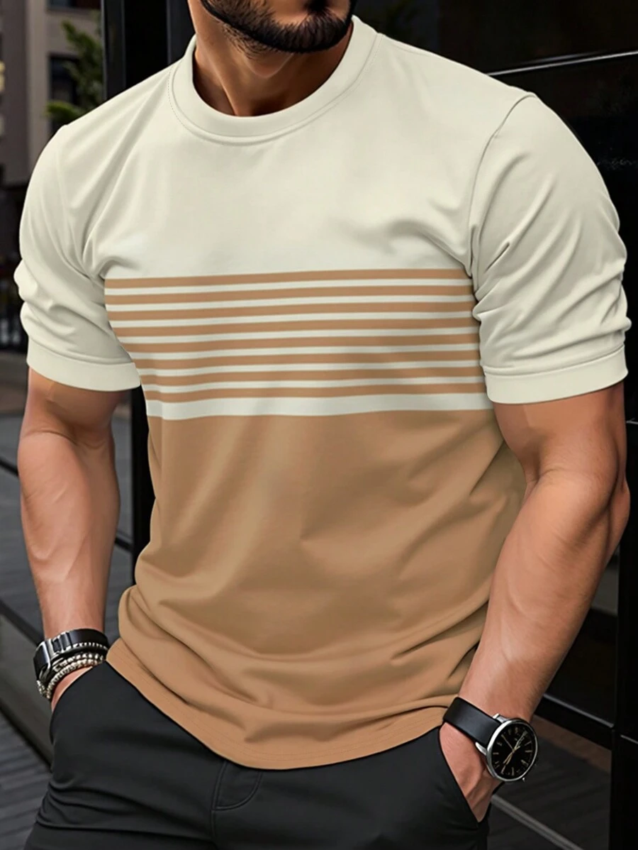 Manfinity Homme 男士圆领短袖纯色拼接简约休闲上衣,日常穿着 T 恤 - 彩色 - 查看 1
