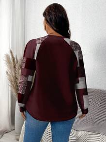 SHEIN LUNE Plus Size Marble Printed Crew Neck Pullover Sweatshirt With Arc Hem And Raglan Sleeves, Suitable For Autumn/Winter