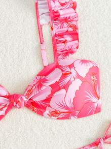 Springbreak 女士泳衣夏季海滩多色随机花卉印花荷叶边扭结可爱比基尼套装 - 粉色 - 查看 4