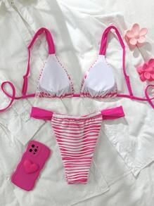 SHEIN Swim Summer Striped Top And Adjustable Waist Triangle Bottoms Pink Bikini Set, Bathing Suit - Multicolor - View 3