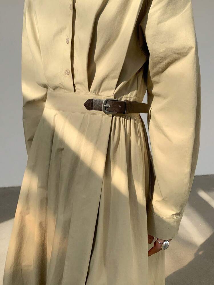 Women's Business Casual Loose Cinched Waist A-Line Midi Dress Shirt Dress,Fall Dress Long Sleeve Dress