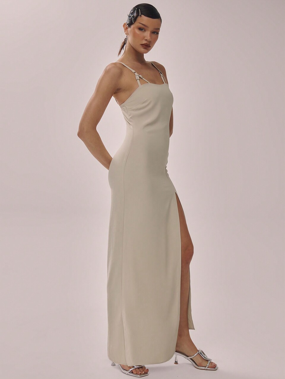 Abito lungo elegante con dettaglio fibbia intrecciato, spacco frontale, adatto per primavera estate, vacanze, feste, laurea, ballo