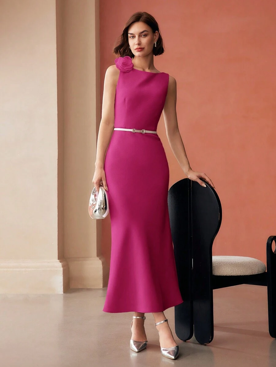 MOTF PREMIUM FLOWER APPLIQUES ZIPPER DRESS - Hot Pink - View 1