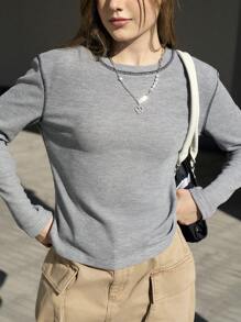 Jouncy 女士时尚灰色撞色缝线 T 恤 - 灰色 - 查看 3