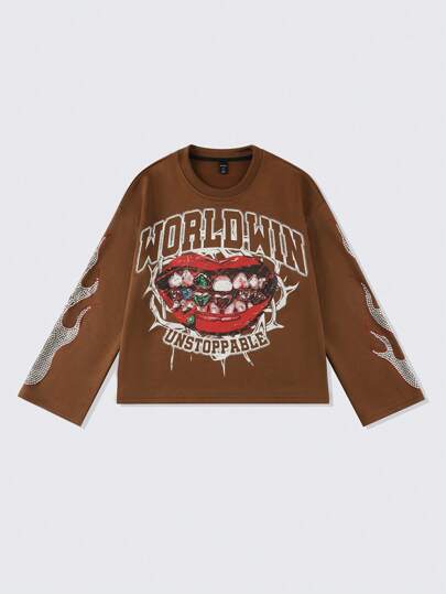 Street Life Men's Oversized Short Style Printed Rhinestone T-Shirt (Sleeve Flame Diamond Craft)