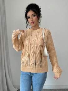 SHEIN Unity Casual Solid Color Hollow Knit Drop Shoulder Sweater Knit Pullover Fall Winter Sweater - Khaki - View 5
