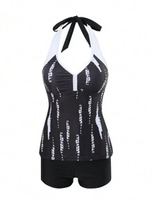 Swim Lushoire Top de bikini corto con tirantes anchos y estampado abstracto, estilo informal de vacaciones para mujer de talla grande y madura
