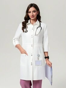Scrubzie Bata de laboratorio larga antiarrugas para mujer, color blanco - Blanco - Ver 6