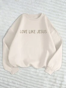 INAWLY Like Jesus Love Embroidered Design / Plus Size Loose Casual Solid Color Crew Neck Women Sweatshirt / New Autumn Winter Style / Gift For Jesus Believers Graduation,Back To School,Graduation,Teacher For Women,Back To School Pullover Fall Sweatshirt - Beige - View 2