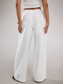 SHEIN BAE Women's White Solid Color Front Tie Pocket Embroidered Casual Loose Wide Leg Pants, Suitable For Daily, Vacation, Spring/Summer - White - View 2