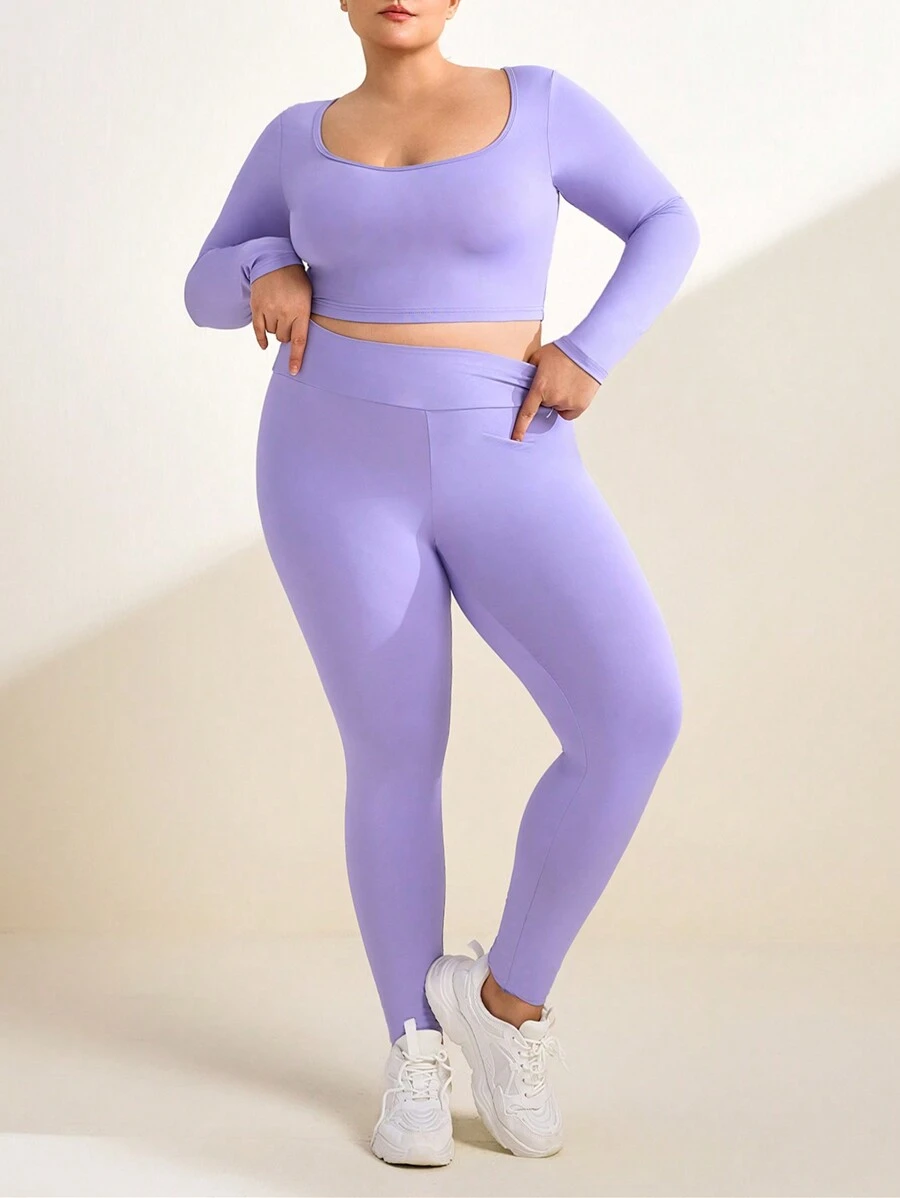 Easithlete Women Plus Size Solid Color Long Sleeve & Long Pants Seamless Sports Suit