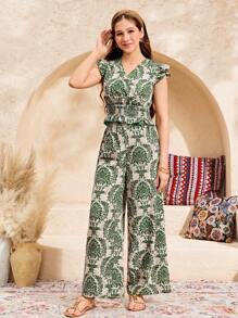 SHEIN 2pcs/Set Teen Girls Printed Cap Sleeve Top And Elastic Waist Wide Leg Pants, Spring/Summer Vacation, Resort Wear Holiday Outfits