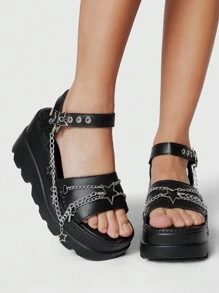 ROMWE Grunge Punk 女士黑色摇滚朋克哥特式凉鞋，夏季露趾链罗马礼服派对鞋，星形厚底坡跟凉鞋