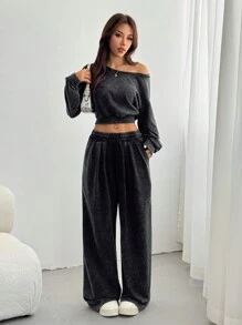 SHEIN EZwear 2pcs/Set Women's Summer Casual Asymmetric Hem Cropped Top And Pants Matching Set