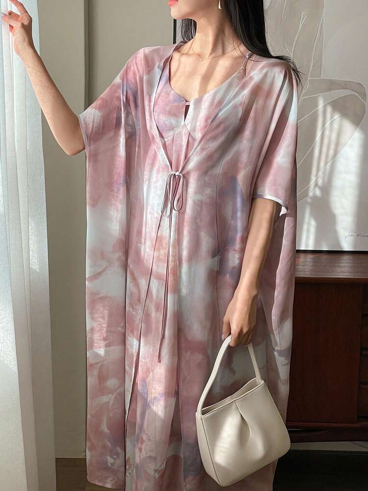 2pcs/Set Women Casual Slim Strap Spaghetti Strap Dress And Jacket