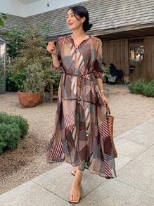 DAZY Women's Casual Holiday Geometric Print Dress,Ruffle Maxi Dress - Multicolor - View 1