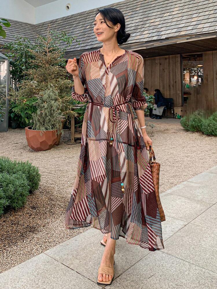 Women's Casual Holiday Geometric Print Dress,Ruffle Maxi Dress Boho