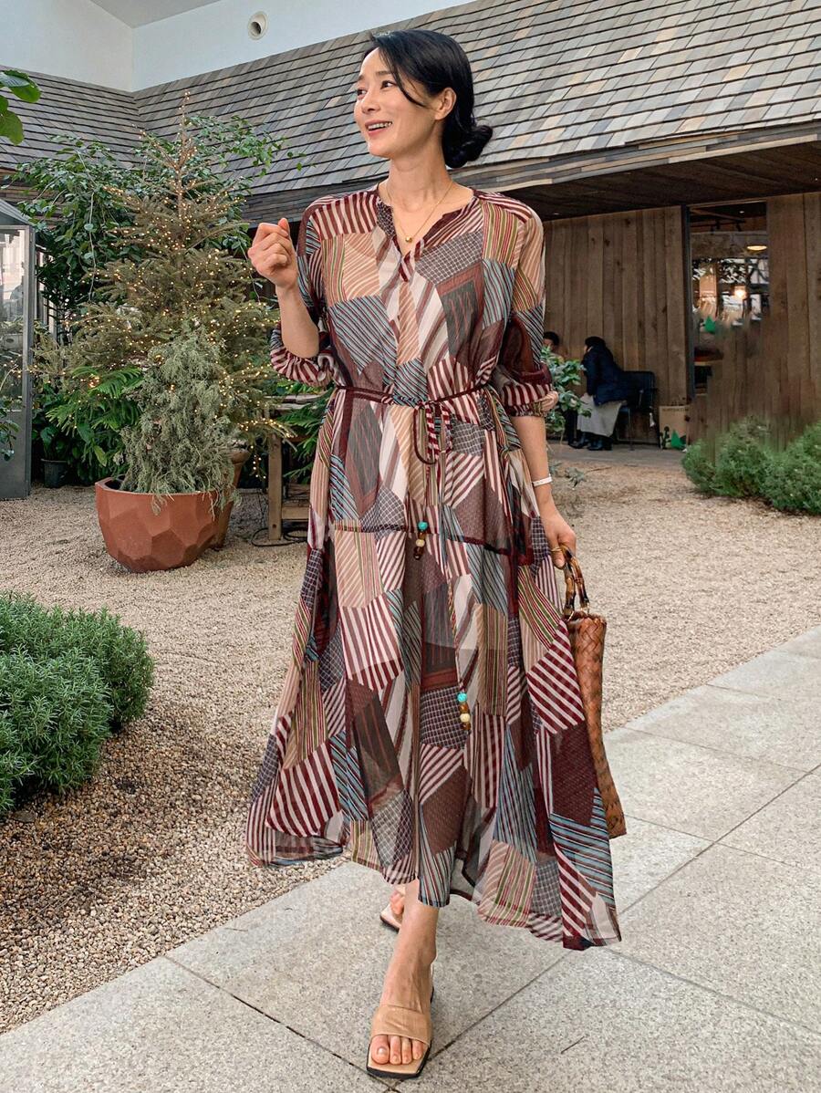 DAZY Women's Casual Holiday Geometric Print Dress,Ruffle Maxi Dress - Multicolor - View 1