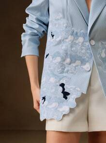 Anewsta Elegant Blue And White Striped Embroidery Slim Fit Women's Blazer - Blue and White - View 2