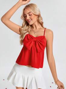 SHEIN LUNE Áo hai dây viền nơ đỏ cho nữ, ngày lễ tình nhân - Đỏ - Xem 6