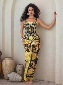 Swim Oasis Summer 2pcs/Set Women Placement Print Square Collar High Cut One-Piece Swimsuit & Skirt Resort - Multicolor - View 2