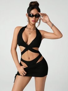 SHEIN ICON Slim-Fit Criss-Cross Hollow Halter Bodysuit And Drawstring Wrap Skirt 2 Pieces Set - Black - View 3