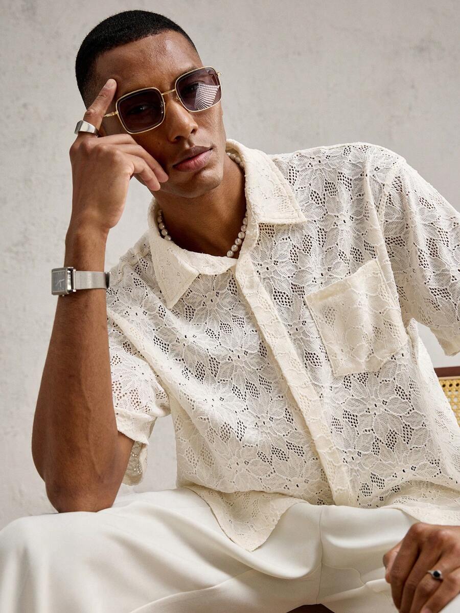 AKNOTIC Business Casual 男士修身提花针织短袖休闲衬衫，适合日常穿着、夏季、度假、聚会、情侣装 - 白色 - 查看 1