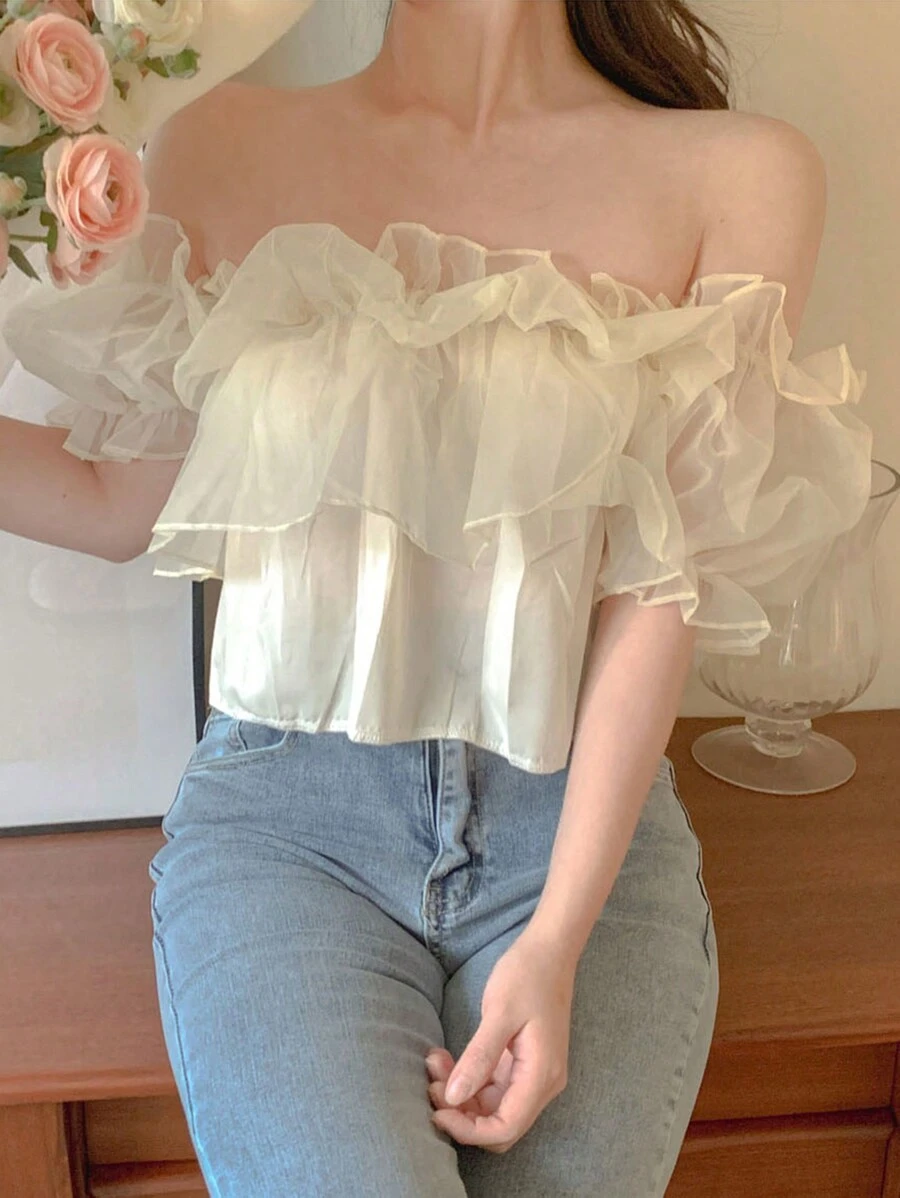 DAZY 女式露肩荷叶边下摆短款衬衫，杏色，春/夏 - 杏色 - 查看 1