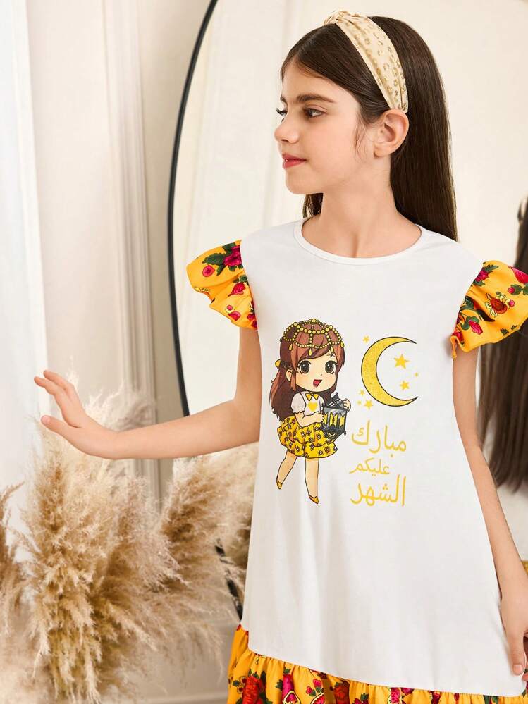 SHEIN Tween Girls Casual Loose Splice Contrast Color Ruffle Trim Cartoon Print Dress - White - View 4