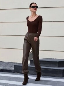 EURMUSE Damskie spodnie casualowe w jednolitym kolorze, minimalistyczna moda do codziennego noszenia