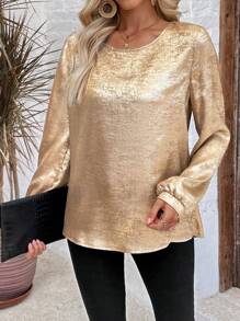 EMERY ROSE Long Sleeve Shirt,Women's Round-Neck Long-Sleeve Elegant Pink Shirt - Gold - View 4