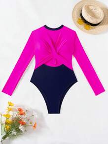 Swim SPRTY Dames strandoutfits blauw en roze patchwork uitgehold kruis voorkant rits lange mouwen casual surftop
