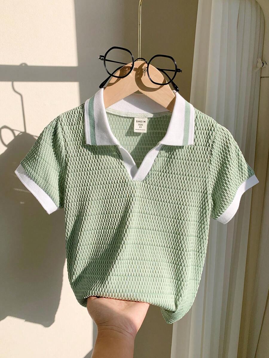 SHEIN 1 Stück Baby Jungen/Mädchen süßes, lässiges, interessantes strukturiertes gestreiftes Poloshirt, geeignet für Frühling/Sommer, Zuhause, Ausgehen, Reisen