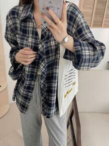 DAZY 女士翻领格子宽松长袖衬衫，藏青色，春夏秋季，法兰绒女装