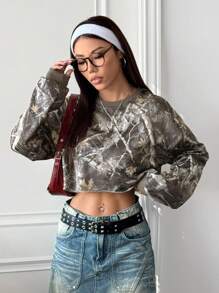 StreetHx Streetwear Women Spring Withered Leaf Print Design Long Sleeve Sweatshirt - Army Green - View 1