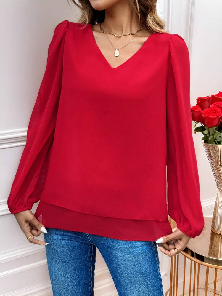 女性用 無地 Vネック パフスリーブ カジュアルルーズブラウス