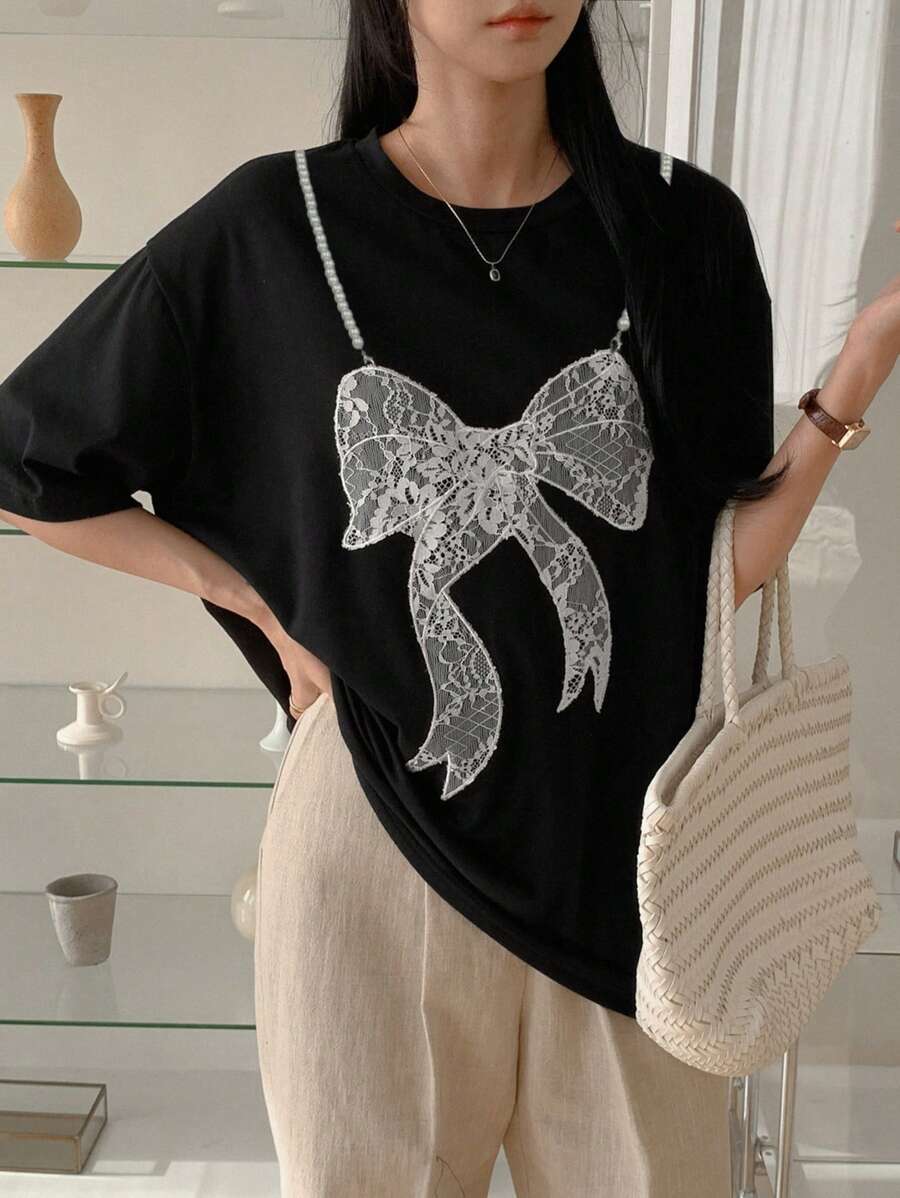 DAZY Lace Bow Decor 2 In 1 Women's Round Neck Casual T-Shirt Cute Tops Oversized T-Shirt,Graphic Tees - Black - View 1