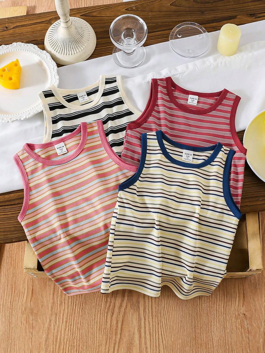SHEIN Young Girl Striped Print Color Block Round Neck Casual Tank Top - Multicolor - View 1